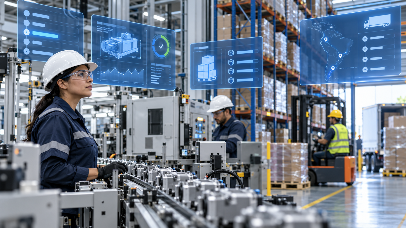 Personal de planta supervisando producción y distribución con indicadores