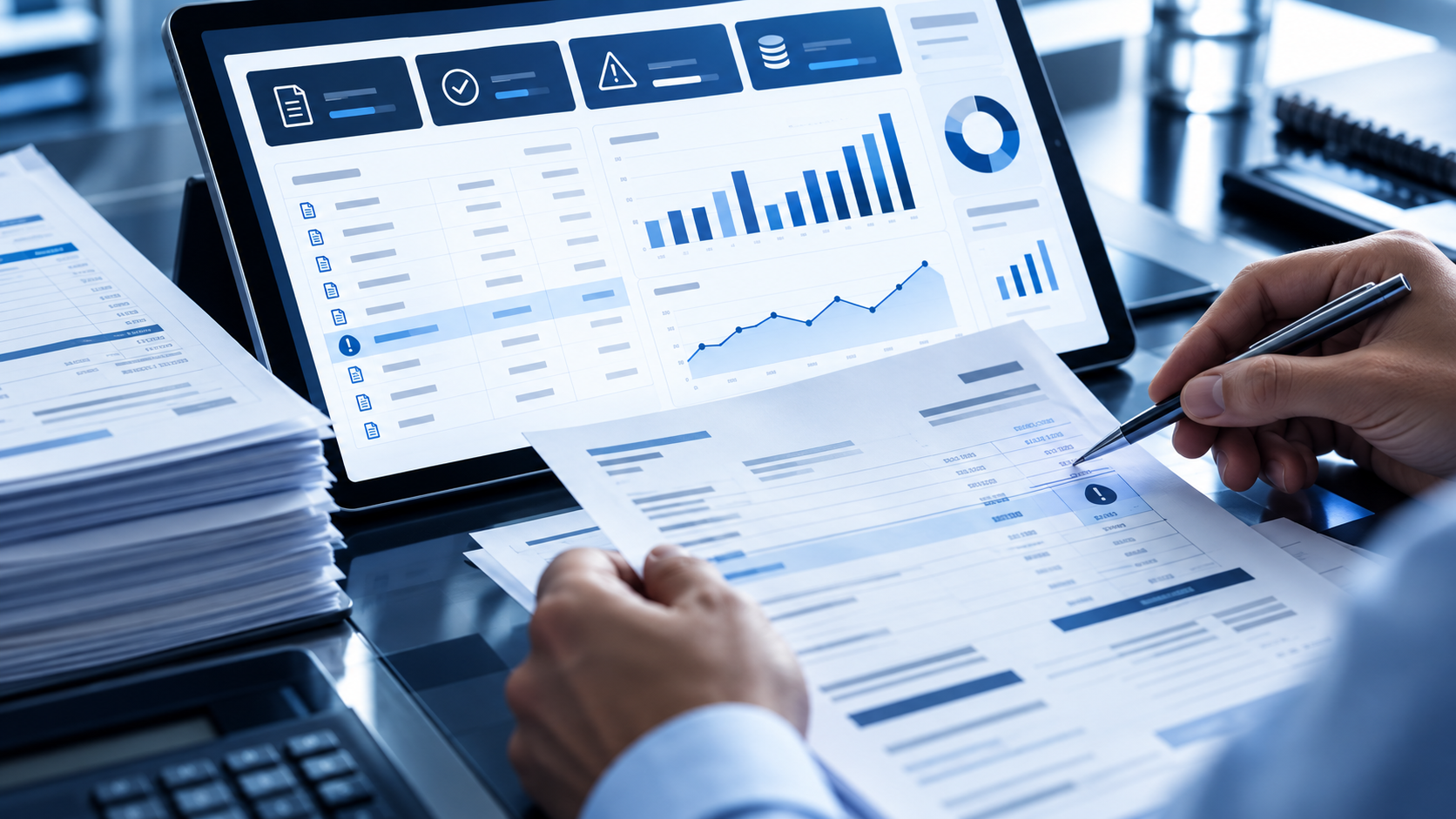 Revisión de facturas e indicadores financieros en una tableta