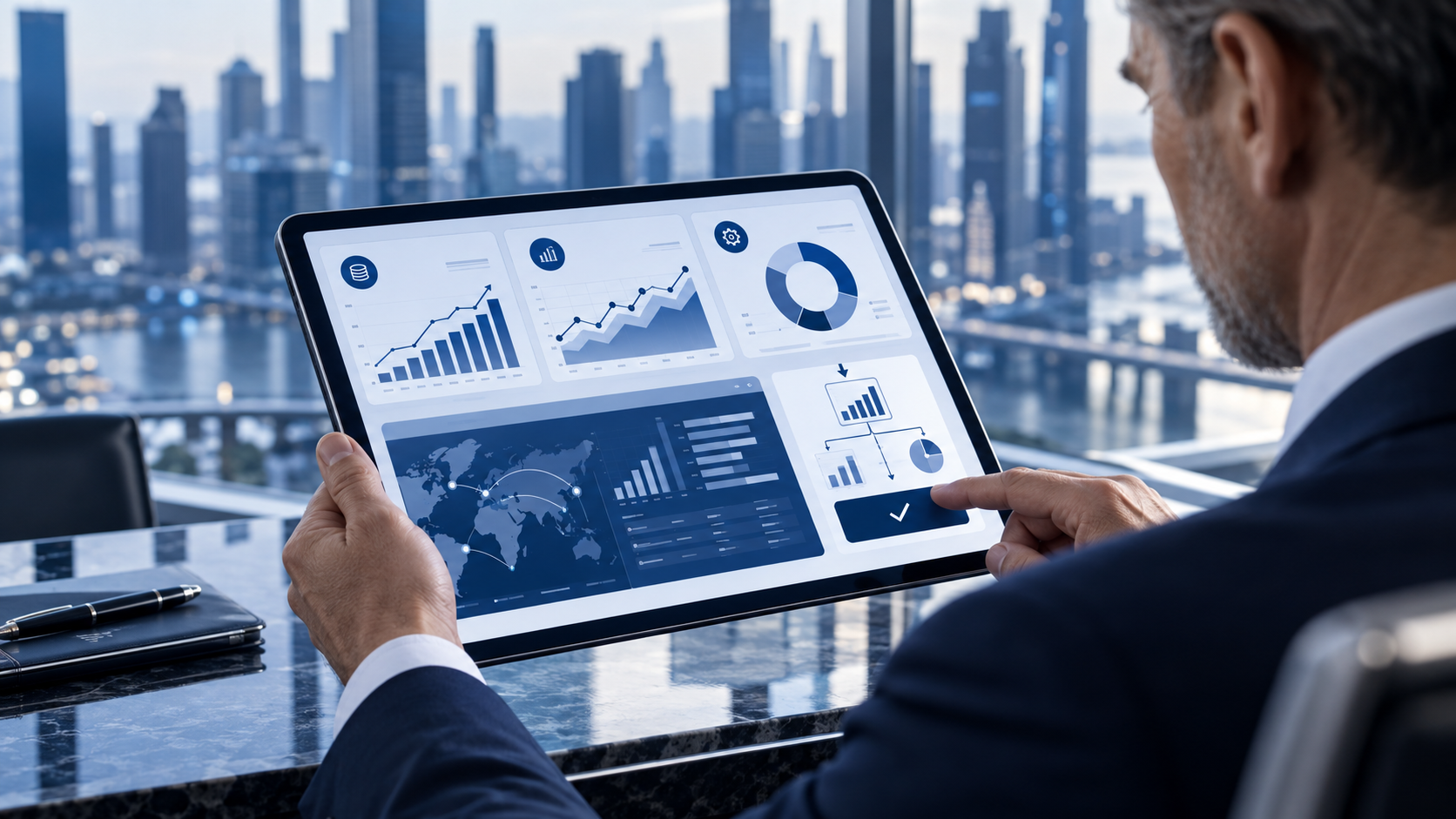 Director revisando indicadores y análisis en una tableta