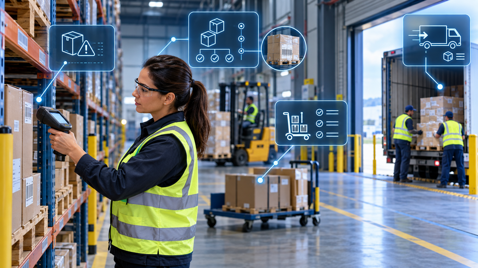 Supervisora de almacén verificando inventario y despachos