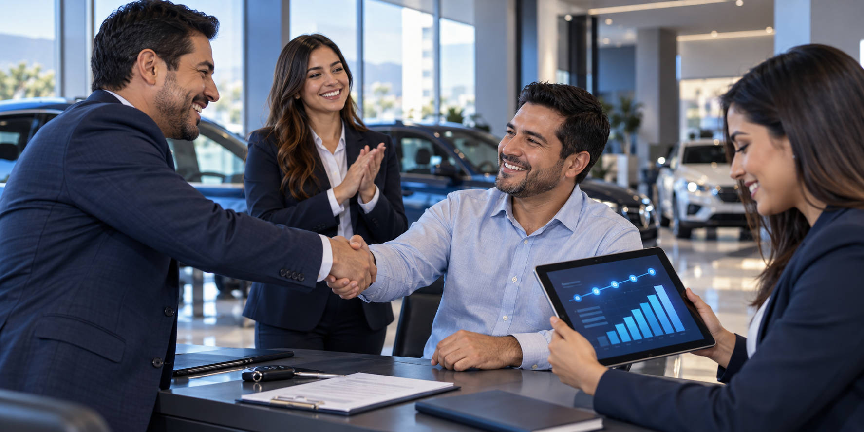 Cliente satisfecho y equipo comercial revisan el avance de una oportunidad